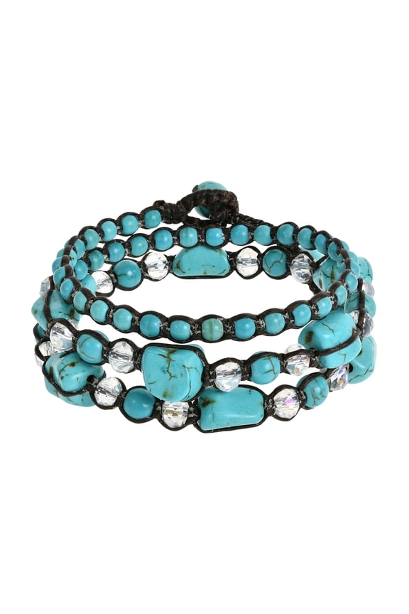 Blue Turquoise Gemstone Tribal Triple Wrap Cotton Rope Bracelet