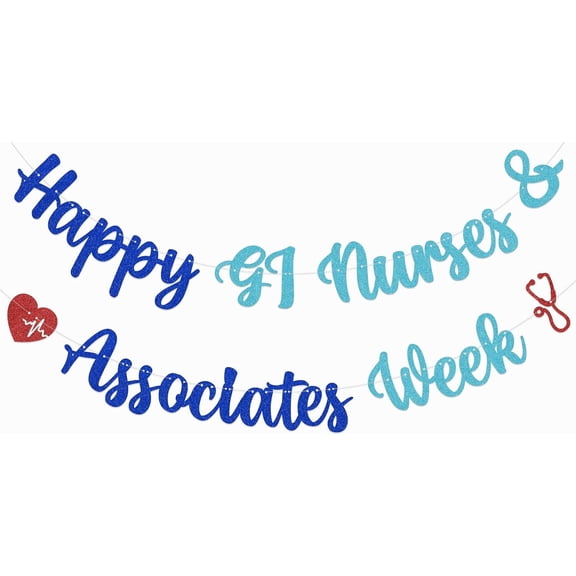 Blue & Turquoise Glitter Happy GI Nurses Associates Week Banner with Heartbeat & Stethoscope Cutouts, Nurse Appreciation Party Decorations