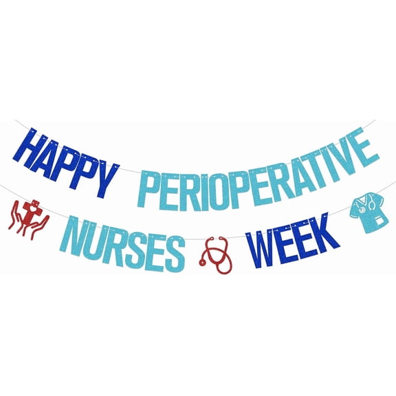 Blue & Turquoise Glitter Happy Perioperative Nurses Week Banner with Scrubs & Stethoscope Cutouts, Nurse Appreciation Party Decorations