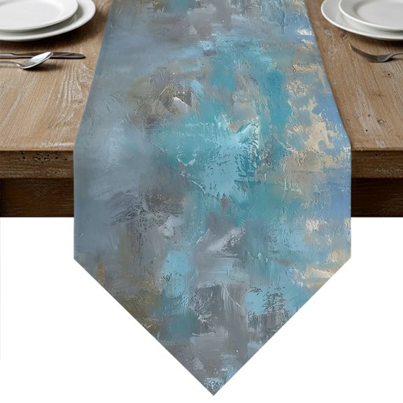Blue Turquoise Grey Table Runner Linen Burlap Table Runner 36 Inches Small Vintage Ombre Abstract Aesthetic Art Dresser Scarves for Kitchen Island Coffee Dining Room Party Holiday Decor 13"x36"