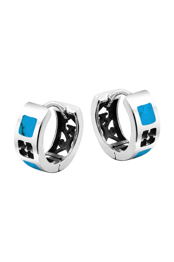 Blue Turquoise Inlay Sterling Silver Huggie Hoop Lock Earrings