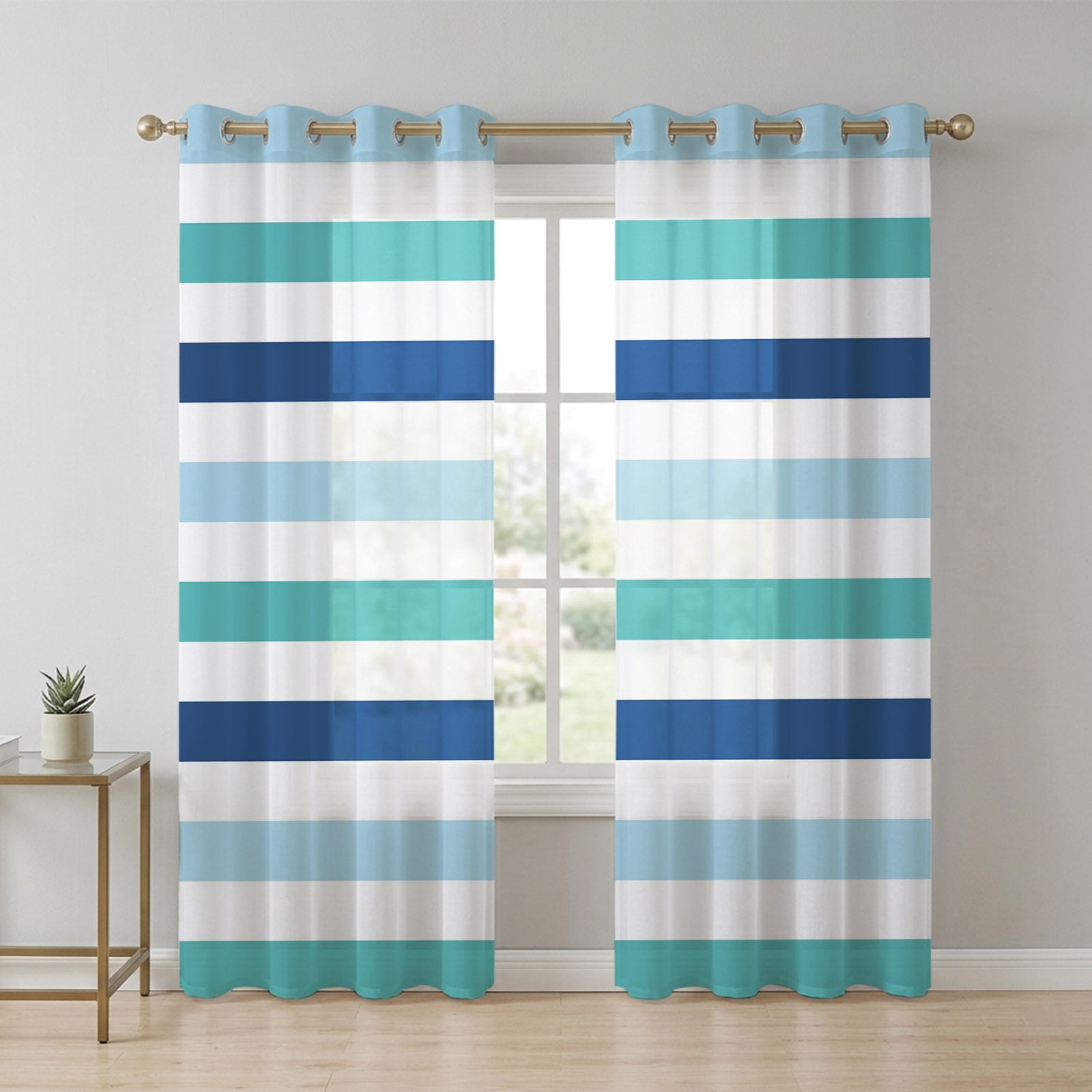 Blue Turquoise Navy Striped Sheer Curtains 84 Inch Long 2 Panels ...