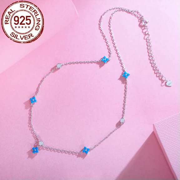Blue Turquoise Necklace Chain Link Pendent Solid 925 Sterling Silver Fashion CZ