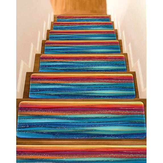 Blue Turquoise Non-Slip Stair Treads for Wooden Steps, 4 Pack-8x30in Carpet Stair Mats with Adhesive Backing, Noise-Reducing Step Covers for Indoor Stairs, Easy to Install & Residue-Free