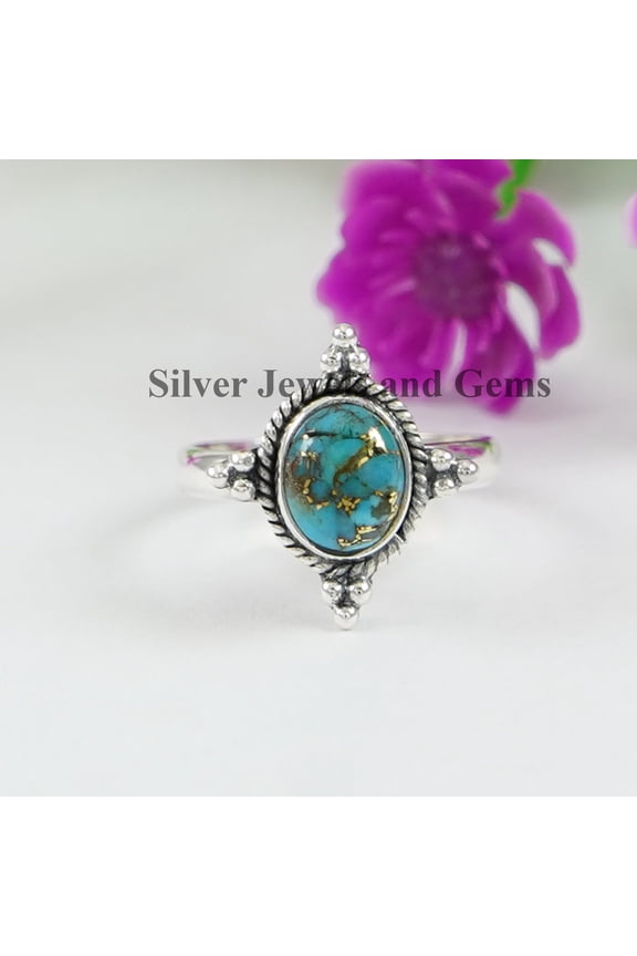 Blue Turquoise Ring, 925 Sterling Silver Copper Turquoise Ring, Anniversary Ring, Oval Gemstone Ring, Gift for Her, Handmade Ring for Gift