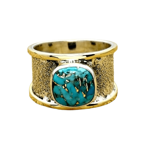 Blue Turquoise Ring Gold Plated Ring Brass Ring Silver Gold Plated Handmade Ring Two Tone Ring Statement Ring Textured Ring Engagement Gift Ring || Ali Baba Jewellery