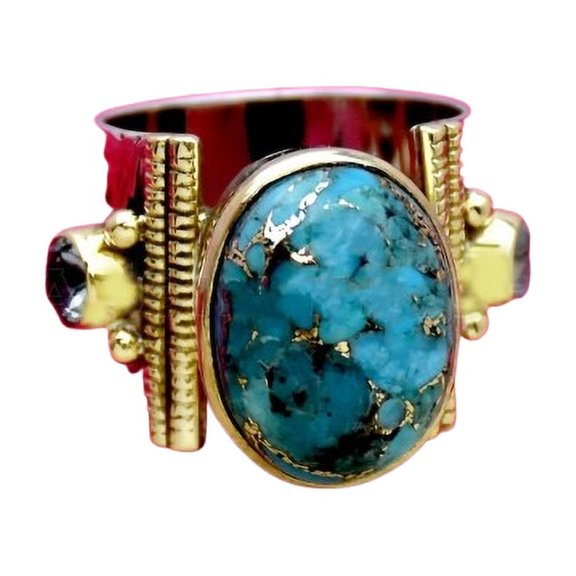 Blue Turquoise Ring Gold Plated Ring Handmade Ring Gemstone Ring Textured Ring Wedding Gift || Ali Baba Jewellery