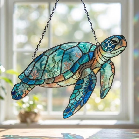 Blue Turquoise Sea Turtle Marine Life Acrylic Suncatcher Window Hanging Wall Art Gift for Turtle Lovers Coastal Beach House Decor