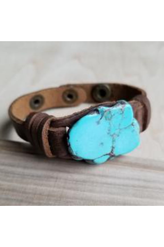 Blue Turquoise Slab on Narrow Leather Cuff