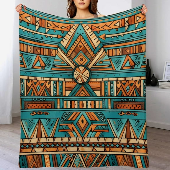 Blue Turquoise Teal Orange Brown Retro Pattern Throw Blanket for Couch Bed 60"x80" Modern Boho Style Luxury Velvet Super Soft Novelty Unique Ideas Gifts Blankets Flannel Couch Blanket