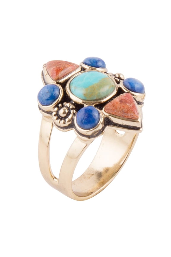 Blue Turquoise and Colorful Multi-Stone Golden Statement Ring