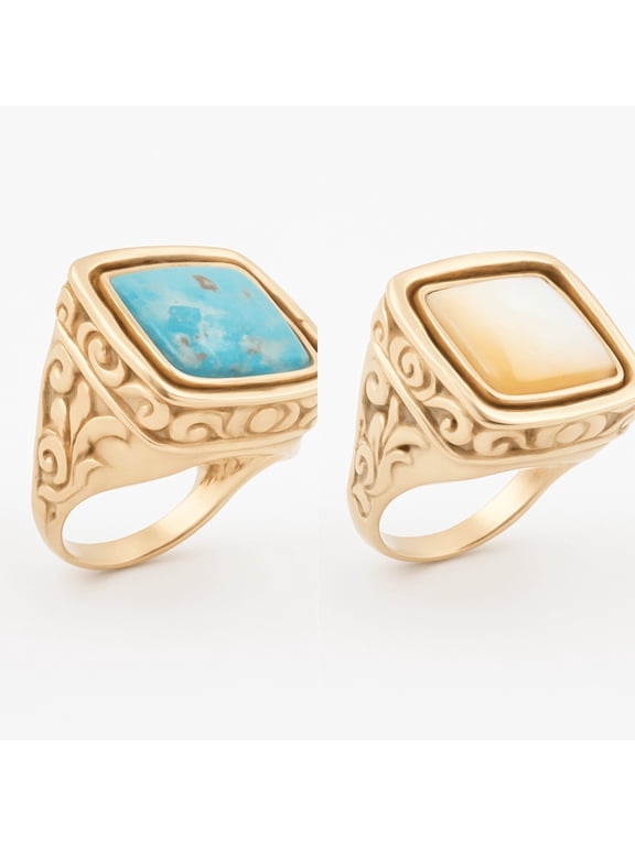 Blue Turquoise and White Mother of Pearl Flip Reversible Golden Ring