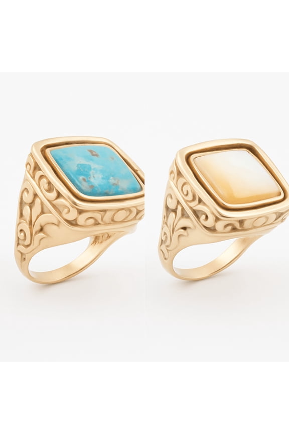 Blue Turquoise and White Mother of Pearl Flip Reversible Golden Ring