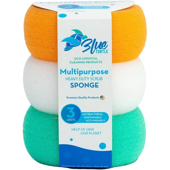 Blue Turtle 3 Pack Donut Shape Multipurpose Sponges Multifunction Scrub Sponge for Use on a Variety of Surfaces Sponges for Cleaning Remove Tough Stains, Grease, Residue