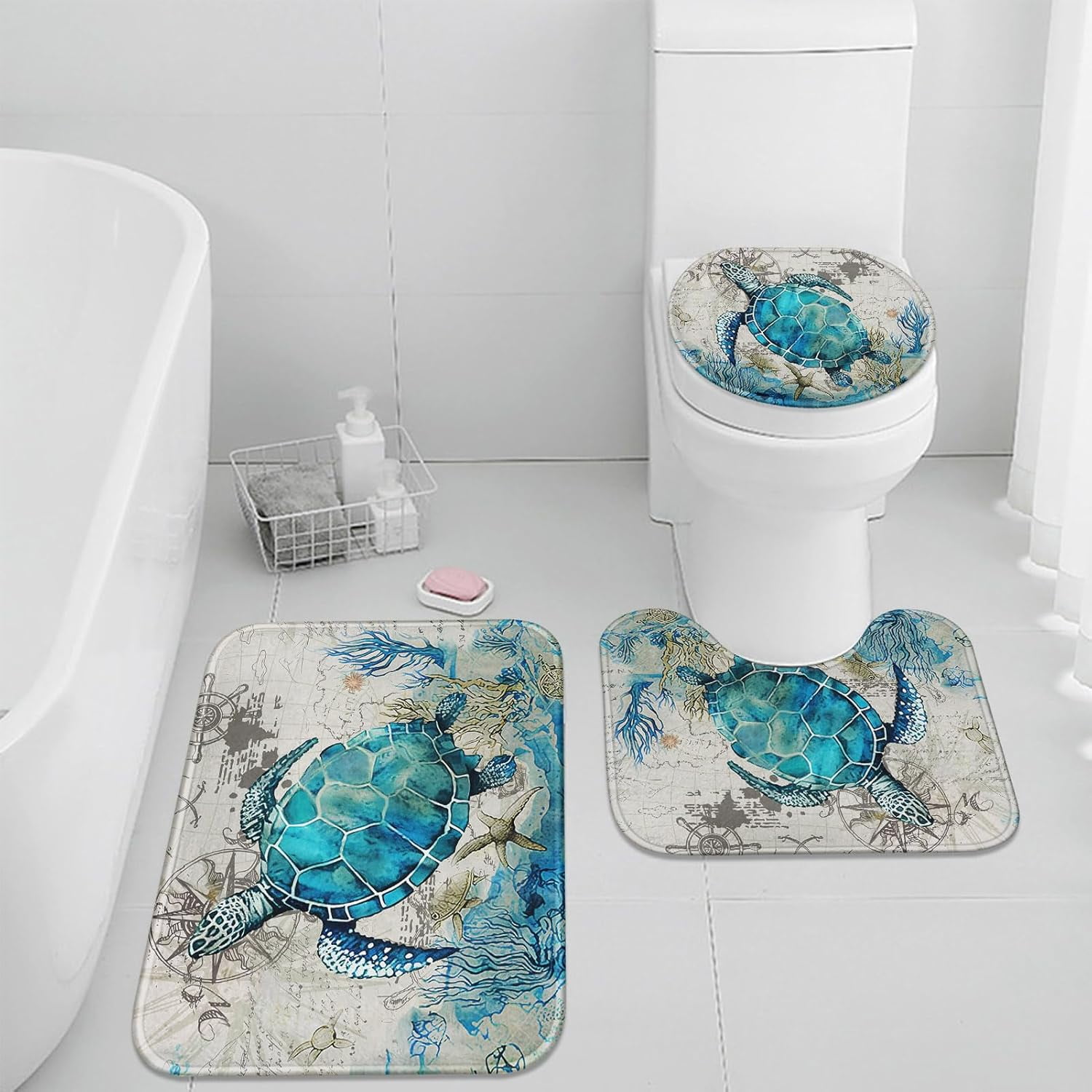 Blue Turtle Bathroom Rug Set of 3, 3 Pieces Bath Mats Set, Ocean Nautical Starfish Washable Cover Floor Rug Decorations for Kitchen Bathroom Bedroom