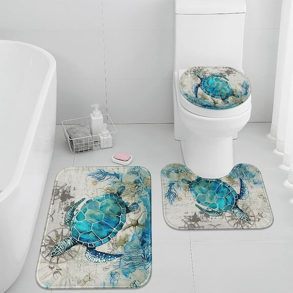 Blue Turtle Bathroom Rug Set of 3, 3 Pieces Bath Mats Set, Ocean Nautical Starfish Washable Cover Floor Rug Decorations for Kitchen Bathroom Bedroom