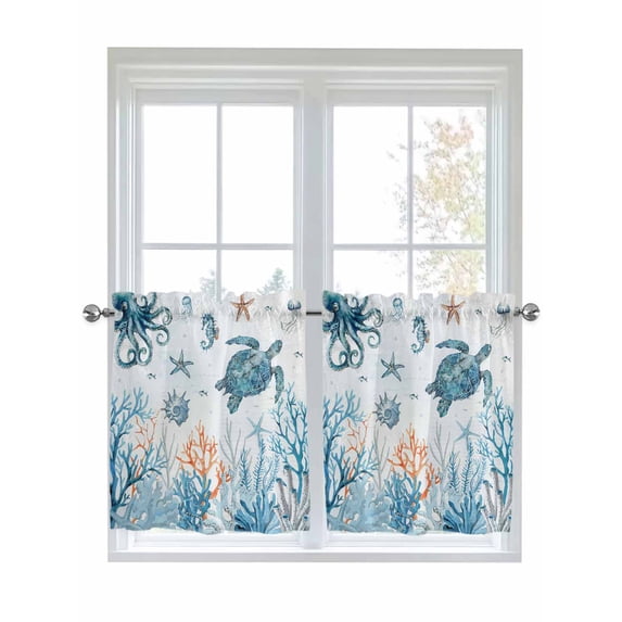 Blue Turtle Coastal 2 Panel Kitchen Curtains for Small Windows, Octopus Summer Beach Coral Seahorse Bathroom Tier Curtain, Short Window Treatment for Bedroom/Living Room 55"x24"