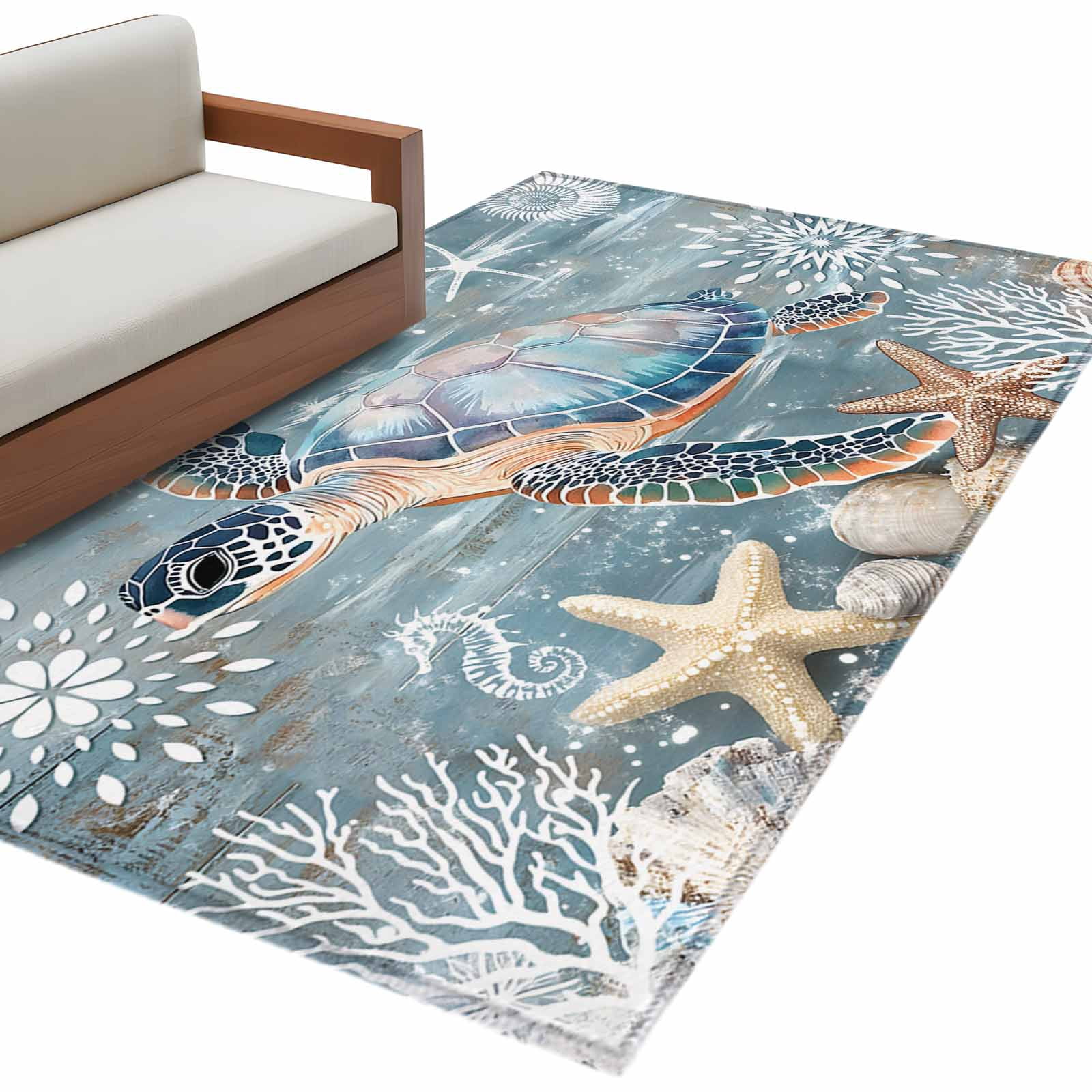 Blue Turtle Coastal 3'x5' Washable Rug, Summer Beach Nautical Starfish ...
