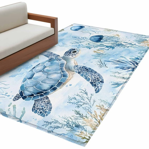 Blue Turtle Coastal Area Rug 3x5 FT, Non Slip Entryway Bedside Carpet, Coral Beach Nautical Ocean Washable Soft Floor Carpet Indoor Mat Non-Shedding Throw Rug for Dorm Kitchen Home Office