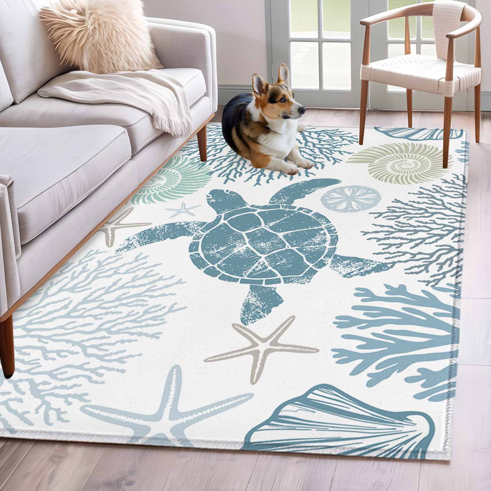 Turtle Rug Cream Blue Turtle Coastal Area Rug 3x5 FT, Non Slip Entryway Bedside Carpet ...