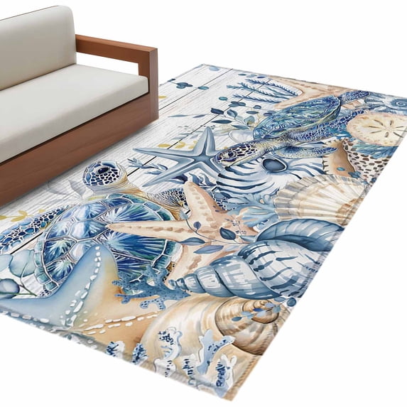 Blue Turtle Coastal Area Rug 3x5 Washable Rug Non Slip Beach Coral ...