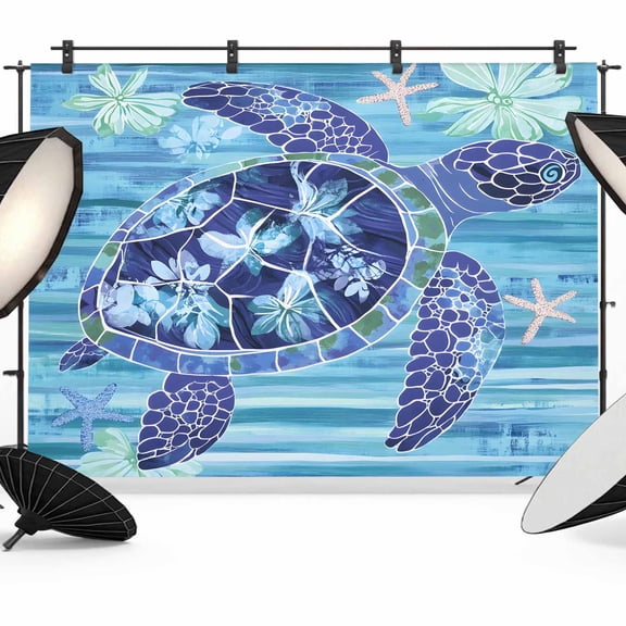 Blue Turtle Coastal Backdrop for Photoshoot,Photography Photo Studio Background Wall Backdrop,Beach Nautical Summer Sea Retro Back Drop Banner Panel for Portraits Wedding Party Live Streaming 10x8Ft