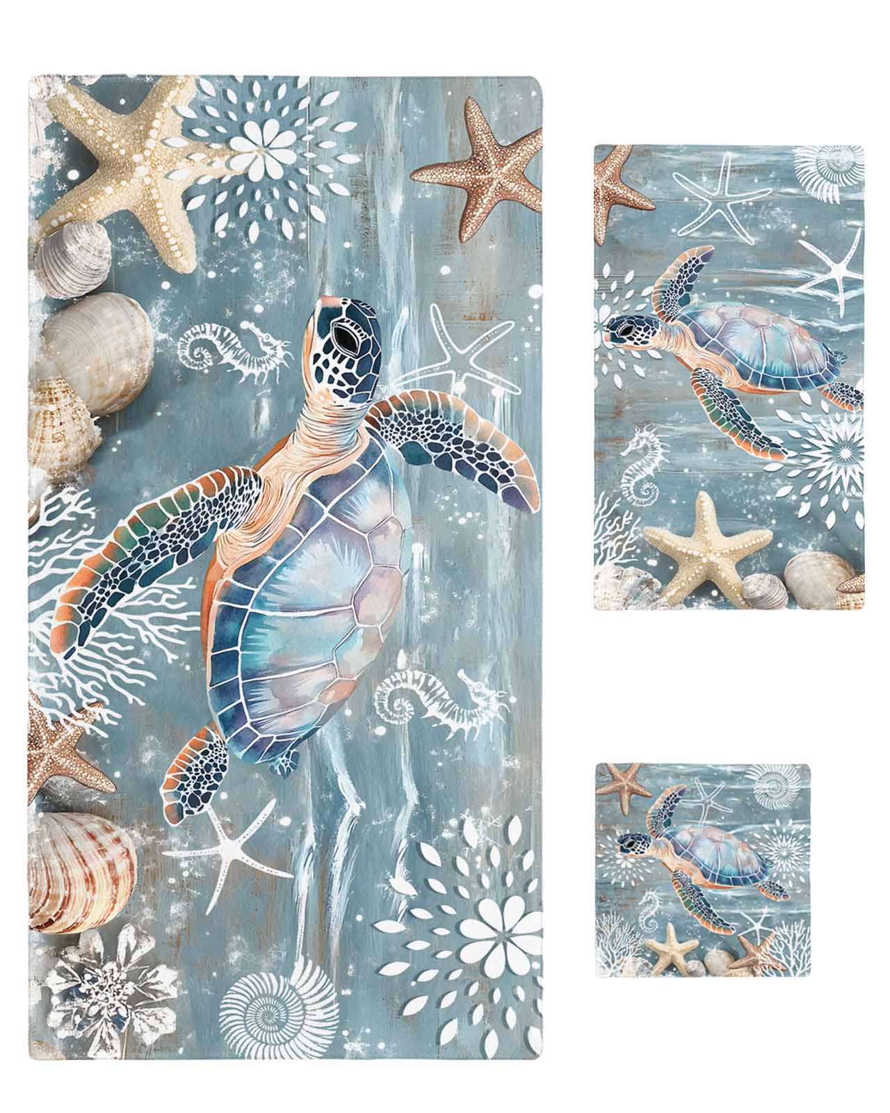 Blue Turtle Coastal Bath Towels for Bathroom Set,Luxury Microfiber Towels Gifts for Women,Beach Kitchen Hand Hair Face Towel and Dish Washcloth,Summer Beach Nautical Starfish Coral Towels+Set