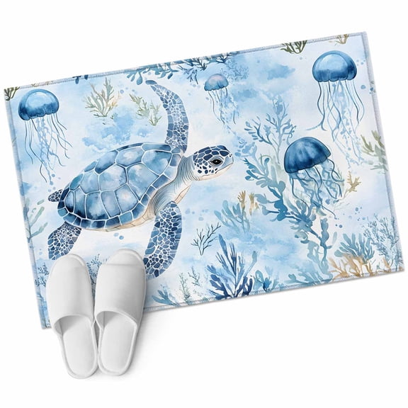 Blue Turtle Coastal Bathroom Mat 2x3 FT, Non Slip Small Kitchen Mat, Coral Beach Nautical Ocean Washable Soft Backed Front Door Throw Rug Non-Shedding Indoor Outdoor Doormat for Entryway Sink