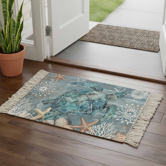 Blue Turtle Coastal Bathroom Rug 2'x3', Summer Beach Ocean Starfish Coral Low Profile Front Entryway Rug with Tassels, Woven Cotton Washable Kitchen Mat Carpet for Foyer Bedroom Back Door Decor