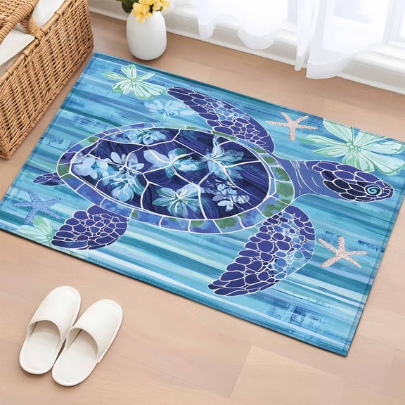 Blue Turtle Coastal Bathroom Rug Washable 2x3 Entryway Rug Non Slip Beach Nautical Summer Sea Retro Front Door Mat Low Pile Indoor Doormat Throw Floor Carpet for Kitchen Bedroom Entrance