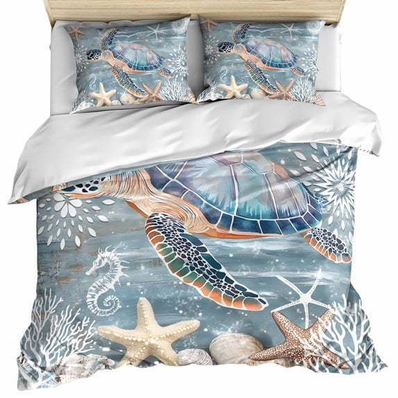 Blue Turtle Coastal Bedding 3 Piece Duvet Cover Set Full Size, Summer Beach Nautical Starfish Coral Soft Microfiber Comforter Cover with Zipper Closure & Pillowcases, FadeResistant Quilt Cover