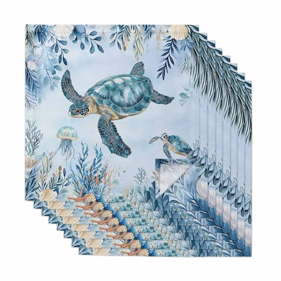Blue Turtle Coastal Cloth Napkins, Eucalyptus Leaves Botanical Washable and Reusable Dinner Napkins Set of 8, Table Napkin for Kitchen Party Birthday Wedding Hotel Housewarming 20"x20"