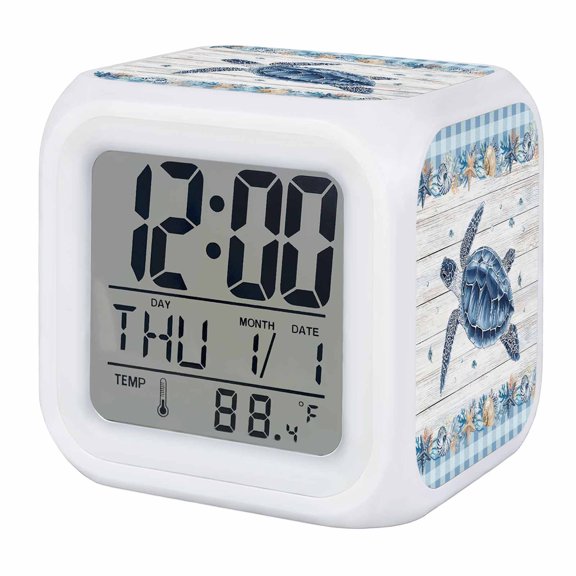 Blue Turtle Coastal Digital Alarm Clock for Bedrooms,Smart LED Alarm Clock with 7 Color Changing Night Light,Summer Nautical Beach Coral Shell Silent Wake Up Clocks for Sleep Study Cooking 3.2"x3.2"