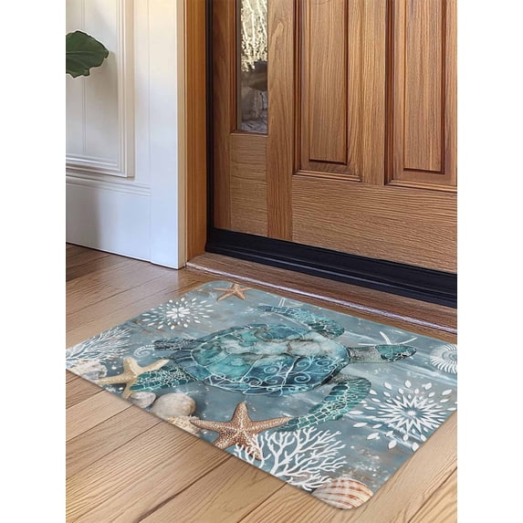 Blue Turtle Coastal Door Mat&nbsp;Indoor Outdoor Entrance, Non Slip Rug for Kitchen Bathroom Entryway Rug, Summer Beach Ocean Starfish Coral Washable Doormat Floor Mat for Office 24x36 Inch