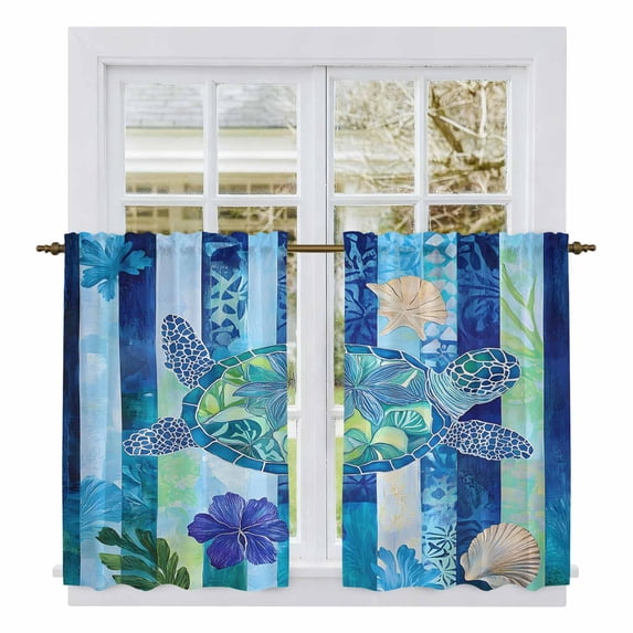 Blue Turtle Coastal Kitchen Curtains, Nautical Beach Summer Sea Retro Light Filtering Window Curtain Panels, 2Pcs Rod Pocket Window Treatments Set for RV Dining Room Study Room 42x54 Inches