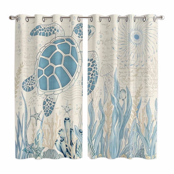 Blue Turtle Coastal Kitchen Curtains Window Panels, Coral Summer Beach Nautical Ocean Beige Insulated Window Treatment Curtain, Grommet Curtains for Bedroom/Living Room/Bathroom, 2 Piece 52"Wx84"L