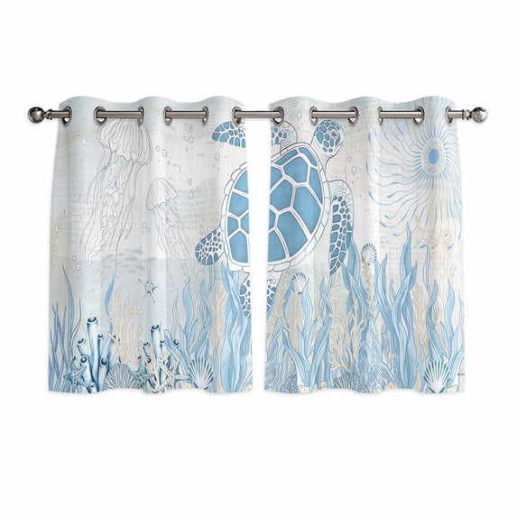 Blue Turtle Coastal Kitchen Curtains Window Panels, Coral Summer Beach Nautical Ocean Blue Insulated Window Treatment Curtain, Grommet Curtains for Bedroom/Living Room/Bathroom, 2 Piece 42"Wx45"L
