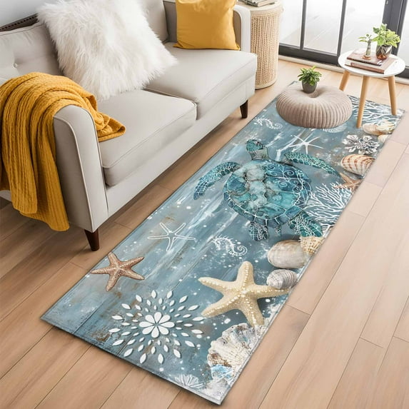 Blue Turtle Coastal Kitchen Runner Rug 2x6 Washable Runners for Hallway Non Slip Summer Beach Ocean Starfish Coral Large Area Rug Indoor Floor Carpet for Bathroom Laundry Entryway Bedroom Living Room