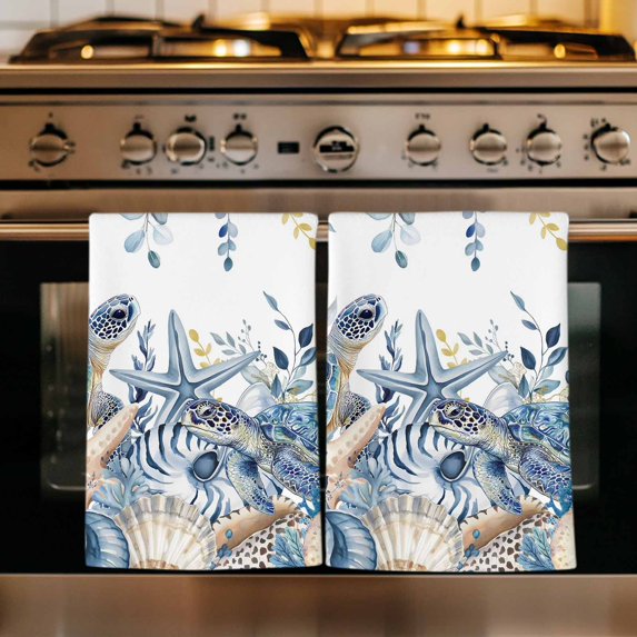 Blue Turtle Coastal Kitchen Towels Set of 1, Beach Coral Nautical Starfish Sea Eucalyptus Absorbent Dish Towels for Kitchen, Microfiber Hand Towel, Quick Drying Tea Towel for Cleaning Dishcloths