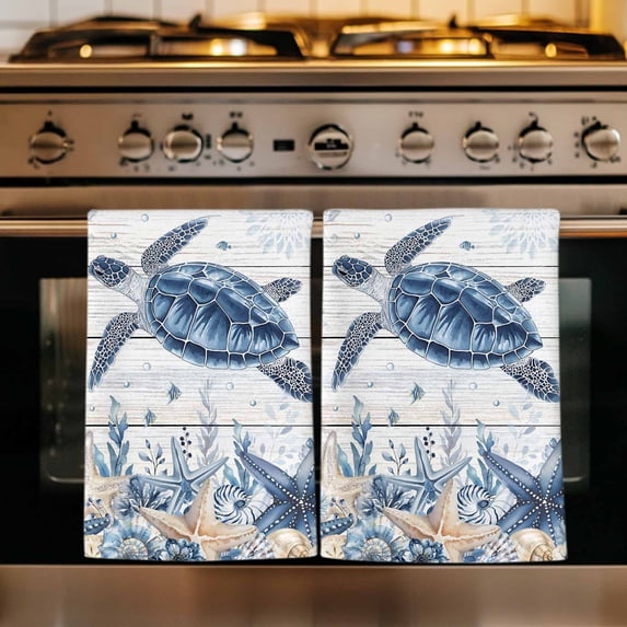 Blue Turtle Coastal Kitchen Towels Set of 1, Beach Starfish Nautical Coral Retro Absorbent Dish Towels for Kitchen, Microfiber Hand Towel, Quick Drying Tea Towel for Cleaning Decorative Dishcloths