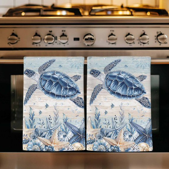 Blue Turtle Coastal Kitchen Towels Set of 2, Beach Starfish Nautical Coral Vintage Absorbent Dish Towels for Kitchen, Microfiber Hand Towel, Quick Drying Tea Towel for Cleaning Decorative Dishcloths