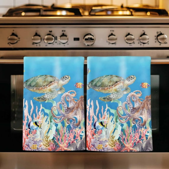 Blue Turtle Coastal Kitchen Towels Set of 2, Nautical Summer Beach Coral Octopus Jellyfish Absorbent Dish Towels for Kitchen, Microfiber Hand Towel, Quick Drying Tea Towel for Cleaning Dishcloths