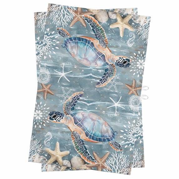 Blue Turtle Coastal Kitchen Towels Set of 2, Water Absorbent Dish Towel, Summer Beach Nautical Starfish Coral Decorative Hand Towels - Quick Drying Cloth for Cooking Baking, 18x28 Inch
