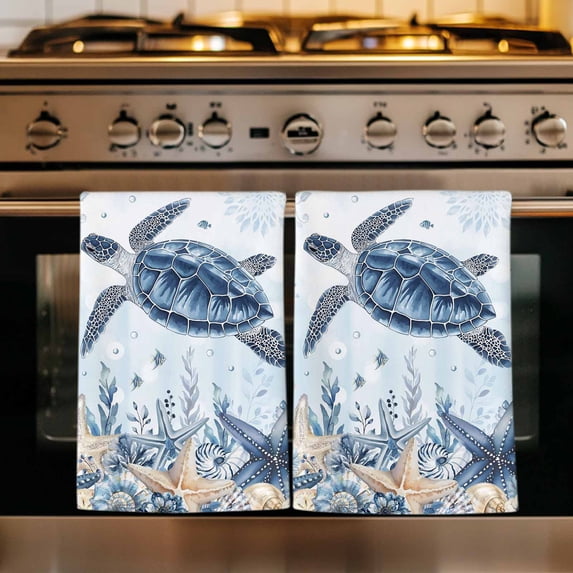 Blue Turtle Coastal Kitchen Towels Set of 3, Beach Starfish Nautical Coral Botanical Absorbent Dish Towels for Kitchen, Microfiber Hand Towel, Quick Drying Tea Towel for Cleaning Dishcloths