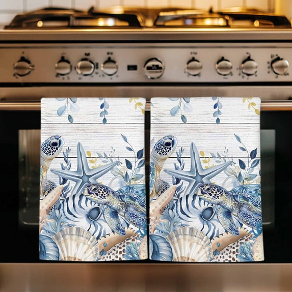 Blue Turtle Coastal Kitchen Towels Set of 4,Beach Coral Nautical Starfish Sea Eucalyptus Retro Absorbent Dish Towels for Kitchen,Microfiber Hand Towel,Quick Drying Tea Towel for Cleaning Dishcloths