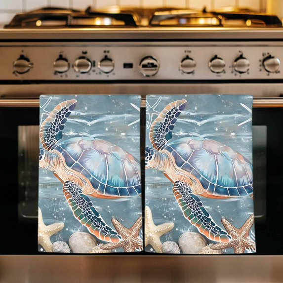Blue Turtle Coastal Kitchen Towels Set of 4, Summer Beach Nautical Starfish Coral Absorbent Dish Towels for Kitchen, Microfiber Hand Towel, Quick Drying Tea Towel for Cleaning Decorative Dishcloths