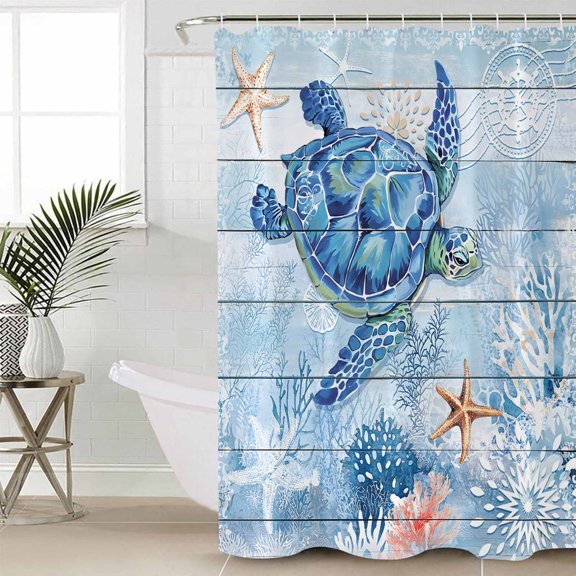 Blue Turtle Coastal Long Shower Curtain Set, Waterproof Shower Curtains for Bathroom, Summer Beach Starfish Nautical Washable Fabric Cloth Bath Curtain for Bathtub Decoration with Hooks 72x84 Inches