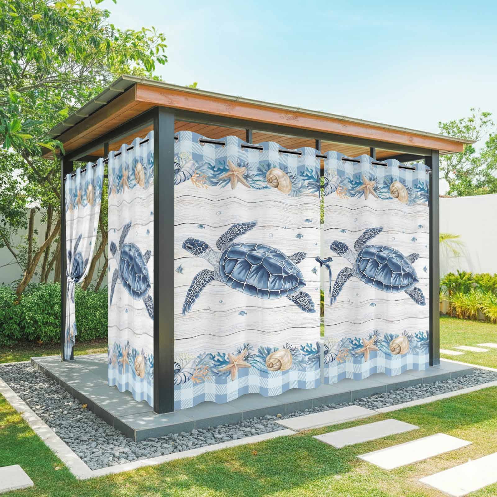 Blue Turtle Coastal Outdoor Curtains for Patio, Summer Starfish Beach Shell Coral Wood Grain Sunshade Privacy Drapes Grommet Waterproof Outside Curtains for Porch/Cabana/Balcony 54"x 108", 1 Panel