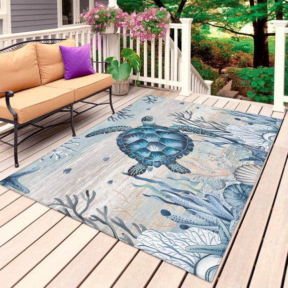 Blue Turtle Coastal Outdoor Rug 5x7 Ft, Non Slip Washable Area Rug, Nautical Beach Sea Ocean Coral Patio Rugs Carpet Runner, Large Floor Mat for Indoor/Outdoor Deck Porch Camping