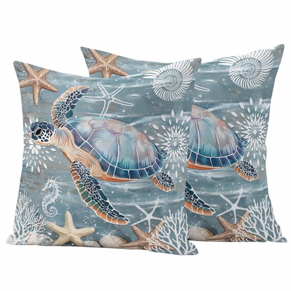 Blue Turtle Coastal Outdoor Waterproof Pillow Covers, Summer Beach Nautical Starfish Coral Decorative Square Throw Pillowcase Sofa Cushion Sham for Patio/Couch/Chair, 16"x16" 2 Pack